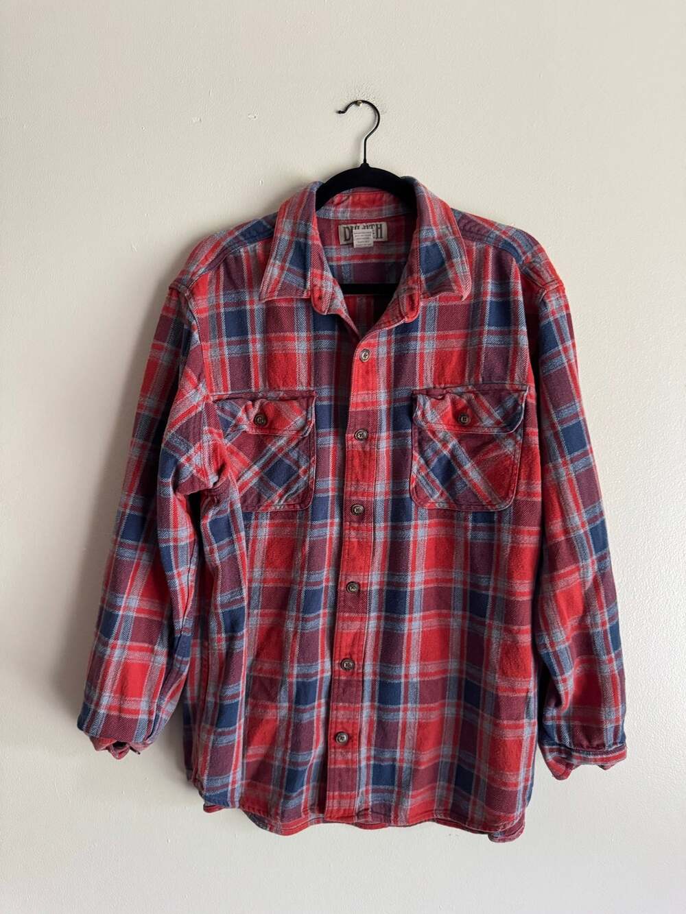 Duluth Red + Blue Plaid Flannel Button Up Shirt XL Outdoor Gorp Fall